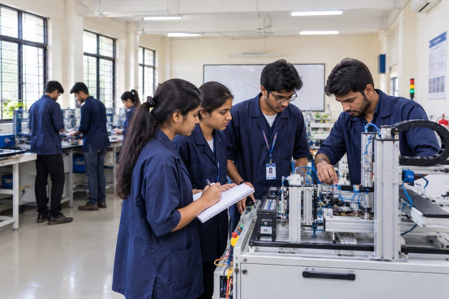 Students working on automation equipment in the engineering lab
