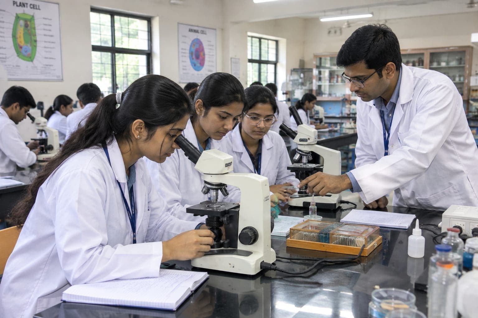 Students at microscopes in the biology lab